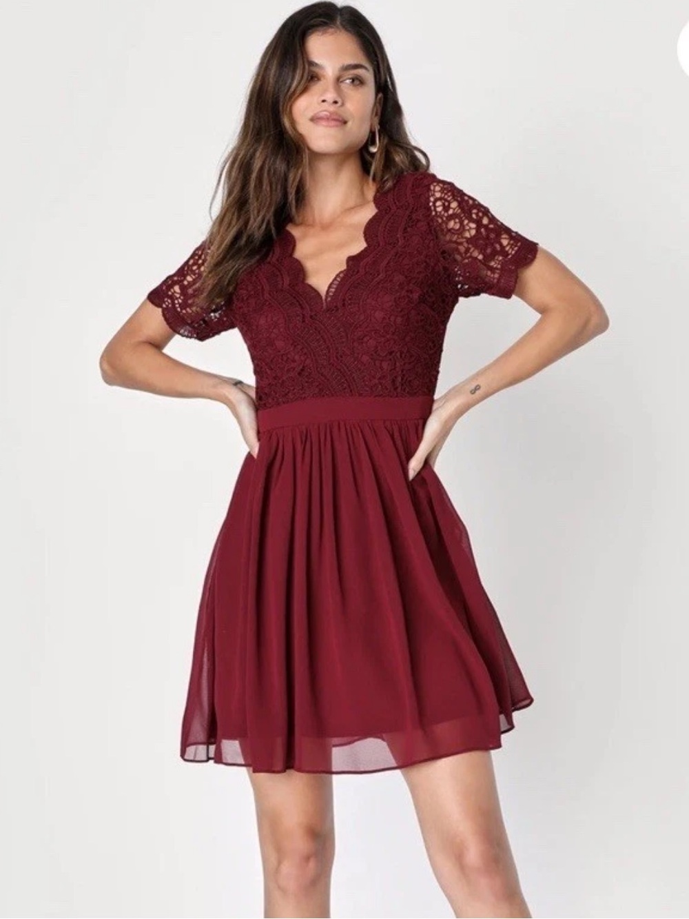 Lulus Angel in Disguise Burgundy Lace Chiffon A-Line Dress Large Wedding Guest